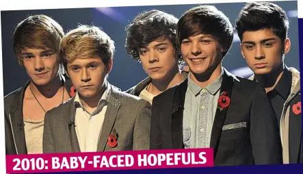 ??  ?? Fresh faced (from left): Liam, Niall, Harry, Louis and Zayn on The X Factor in 2010
2010: BABY-FACED HOPEFULS