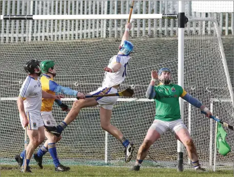  ??  ?? Eoin McCormack scoring the ‘disallowed goal’ in the Longford v Wicklow Kehoe Cup final at Pearse Park, Longford. Photo: Dave Barrett