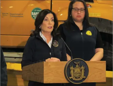  ?? MIKE GWIZDALA — MEDIANEWS GROUP ?? New York Gov. Kathy Hochul provided an update on storm preparatio­ns from the DOT Garage Monday morning in Latham.