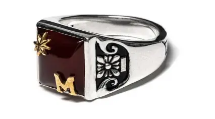  ??  ?? Silver Collegiate signet ring, $405, by Maple