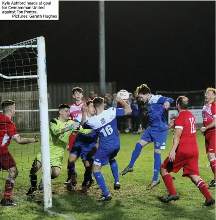  ?? ?? Kyle Ashford heads at goal for Cwmamman United against Ton Pentre.
Pictures: Gareth Hughes