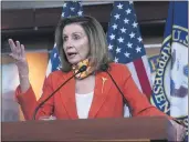  ?? JOSE LUIS MAGANA — THE ASSOCIATED PRESS ?? Speaker of the House Nancy Pelosi, D-Calif. speaks during a news conference on Capitol Hill in Washington on Thursday.