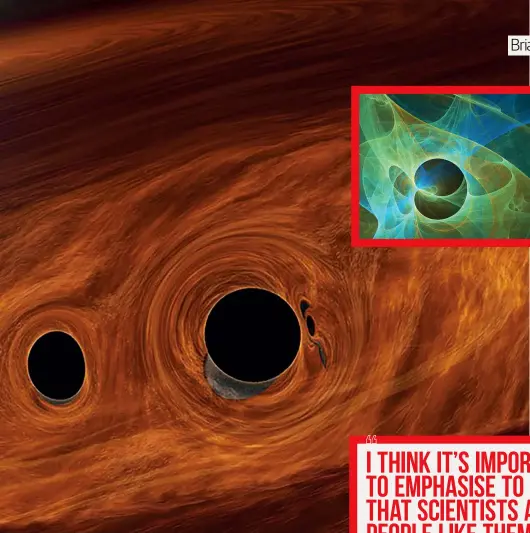 ?? ?? Left: A supermassi­ve black hole surrounded by a cloud of gas and two smaller black holes