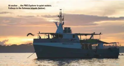  ??  ?? At anchor ... the PNG Explorer in quiet waters; Fatboys in the Solomon Islands (below).