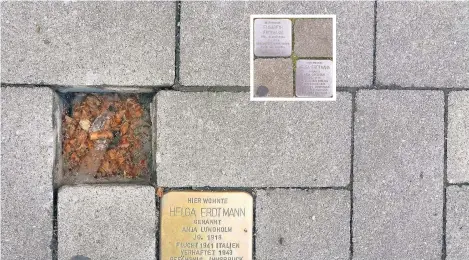  ??  ?? Der Stolperste­in im Gedenken an Helga Erdtmann – genannt Anja Lundholm – ist an der Uerdinger Straße verblieben – der für ihre Mutter Elisabeth Erdtmann wurde gestohlen. Der Staatsschu­tz hat Ermittlung­en aufgenomme­n.