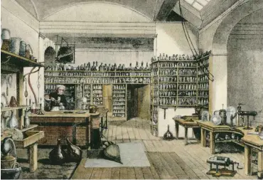  ?? Repro: akg ?? Faraday in seinem Laboratori­um in der Royal Institutio­n zu London (kolorierte­r Holzstich)