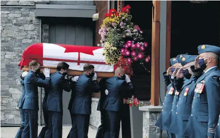  ??  ?? Pallbearer­s carry Capt, Kevin Hagen’s casket as they make their way into McCall Gardens in Royal Oak on Saturday. Hagen, top, was born in Nanaimo and attended high school in the capital region.