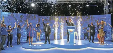  ?? Picture: DA Media ?? DA leader John Steenhuise­n at the podium during the presentati­on of the party’s local government election manifesto.