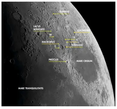 ??  ?? Macrobius has a ridge thrown up from the Crisium basin running through it – though you'll be hard pressed to make it out