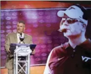  ?? CHUCK BURTON — THE ASSOCIATED PRESS ?? Virginia Tech head coach Justin Fuente speaks to the media during the Atlantic Coast Conference NCAA college football media day in Charlotte, N.C. Friday.