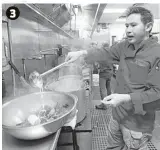  ??  ?? 1-2. After Crawfish & Noodles’ Trong Nguyen boils the mudbugs, they are drained and placed in a metal bowl. 3. Nguyen then ladles chopped garlic steeped in European-style butter (the garlic comes to his kitchen pre-chopped in a neutral oil that he...