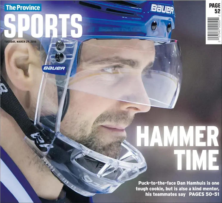  ?? — THE CANADIAN PRESS FILES ?? Canucks defenceman and Masterton Trophy nominee Dan Hamhuis looks on during a stoppage in play against San Jose in Vancouver on Feb. 28.