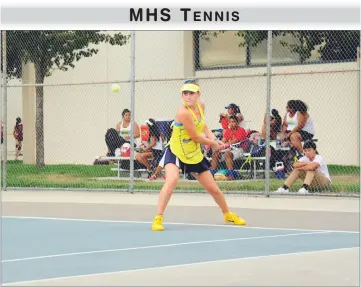  ?? RECORDER PHOTO BY FERNANDO MEDINA ?? Monache High School’s Maddie Giannetto returns the ball during the No. 1 singles match against Tulare Union High School’s Jaci Maze at Monache High School on Monday.