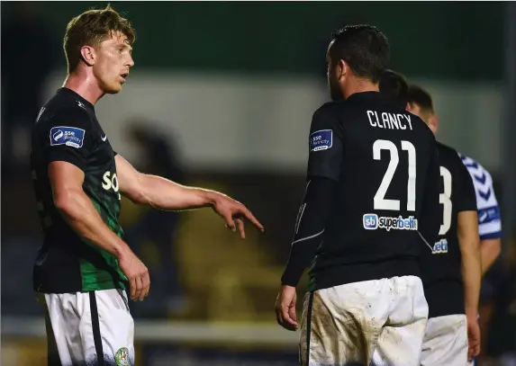  ??  ?? Bray’s John Sullivan and Tim Clancy played key roles in the surprising 5-0 victory enjoyed by the Seagulls against Derry.