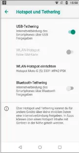  ??  ?? Jedes Android-smartphone beherrscht Tethering, mit dem Sie für andere Geräte per USB, Bluetooth oder WLAN eine Internetve­rbindung aufbauen können.