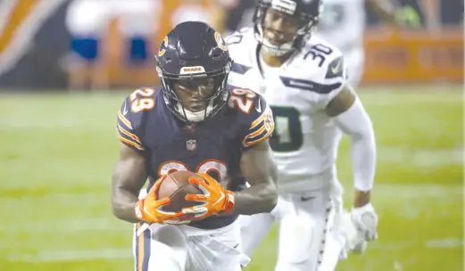  ?? JONATHAN DANIEL/GETTY IMAGES ?? Bears second-year running back Tarik Cohen has nine rushes for 33 yards and four receptions for 33 yards in two games this season.