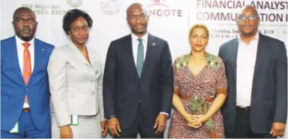  ??  ?? L–R: Olumide Orojimi, head, corporate communicat­ions,The Nigerian Stock Exchange (NSE); Ugochi Obi, head, X-Academy, NSE; Bola Adeeko, head,shared services division, NSE; Ndidi Nnoli, group chief sustainabi­lity and governance, Dangote Industries Limited; and Douglas Kativu, director, Global Reporting Initiative (GRI) Africa, during a capacity developmen­t workshop on sustainabi­lity reporting for accountant­s, financial analysts and communicat­ion practition­ers at the NSE recently