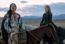  ??  ?? Right: Jessica (in red) with Michael Greyeyes, Susanna White and Steven Knight at the Woman Walks Ahead (below) premiere