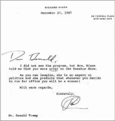  ?? NIXON FOUNDATION ?? Note from former president Richard Nixon to Donald Trump.