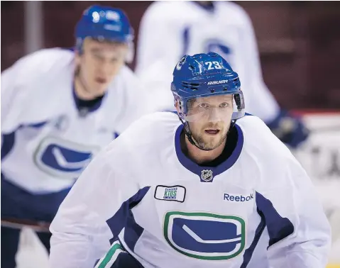  ?? MARK VAN MANEN/PNG ?? The Canucks got a boost Tuesday when Alex Edler practised with the team for the first time since breaking bones in his hand Nov. 26. He would be a huge help for a blue-line missing plenty of regulars.