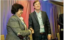  ?? MARK MATSON / FOR AMERICAN-STATESMAN ?? Democratic gubernator­ial candidates Lupe Valdez and Andrew White participat­ed in a question-and-answer session Jan. 20 at the AFL-CIO convention in Austin.