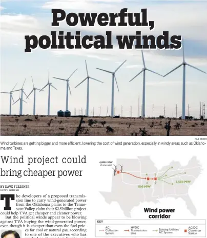 ?? FILE PHOTO CONTRIBUTE­D GRAPHIC ?? Wind turbines are getting bigger and more efficient, lowering the cost of wind generation, especially in windy areas such as Oklahoma and Texas. Clean Line Energy wants to build a 720-mile direct-current transmissi­on line from Oklahoma to a Memphis...