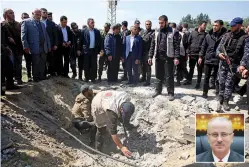  ?? — AP ?? Security services personnel inspect the site of a Tuesday explosion that occurred as the convoy of Palestinia­n Prime Minister Rami Hamdallah ( inset) entered Gaza.