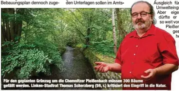  ??  ?? Für den geplanten Grünzug um die Chemnitzer Pleißenbac­h müssen 300 Bäume gefällt werden. Linken-Stadtrat Thomas Scherzberg (59, r.) kritisiert den Eingriff in die Natur.