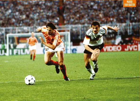  ??  ?? Top left Tall and lithe, Van Basten was a new breed of centre- forward Left Cruyff gets ready to flip over the table Bottom left Treble Dutch Above Leaving defenders – and ghosts – behind