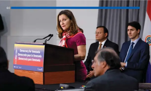  ?? Adam Scotti photo ?? Foreign Affairs Minister Chrystia Freeland addresses a meeting of the LIMA Group in Ottawa as Prime Minister Justin Trudeau looks on, February 4, 2019.