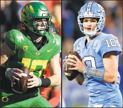  ?? AMANDA LOMAN AP JACOB KUPFERMAN AP ?? The Ducks’ Bo Nix (left) and the Tar Heels’ Drake Maye have their teams ranked among the nation’s top teams in total offense, with Oregon fourth at 507.8 yards per game and North Carolina 15th at 473.6 yards per game.