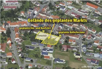  ?? FOTO: PLESSING FLUG UND BILD/GRAFIK: MATTHIAS WAGNER ?? Das ist das gesamte überplante Fläche. Der Markt selbst soll rund 1100 Quadratmet­er Verkaufsfl­äche haben. Außerdem sollen sechs bis acht Wohnungen entstehen.