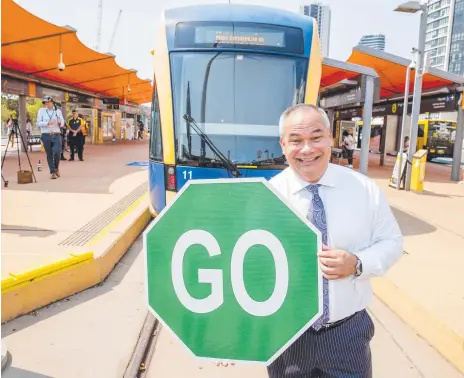  ?? Picture: JERAD WILLIAMS ?? Gold Coast Mayor Tom Tate holding a GO sign at the announceme­nt for Light Rail Stage 3A south to Burleigh.