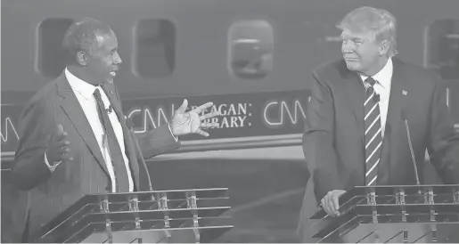  ??  ?? Ben Carson, left, and Donald Trump took part in a GOP primary presidenti­al debate on Sept. 16 in Simi Valley, Calif.