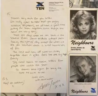  ?? ?? Letters and signed photos sent to a teenage Judy Silkoff by members of the Neighbours cast (left and right) all the way from Australia to North West London