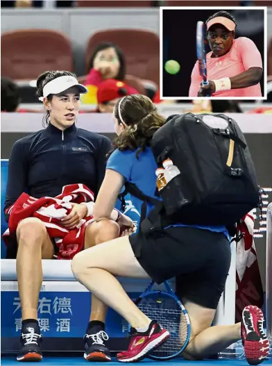  ??  ?? You can’t carry on: Spain’s Garbine Muguruza talking with a medical officer before retiring from her first-round match against the Czech Republic’s Barbara Strycova in the China Open in Beijing yesterday. Inset: American Sloane Stephens in action...