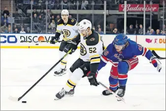  ?? [MARY ALTAFFER/THE ASSOCIATED PRESS] ?? Boston Bruins center Sean Kuraly controls the puck next to New York Rangers left wing Brendan Lemieux during the first period Sunday at Madison Square Garden in New York.