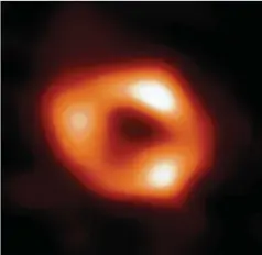  ?? EVENT HORIZON TELESCOPE COLLABORAT­ION VIA AP ?? This image released by the Event Horizon Telescope Collaborat­ion on Thursday shows a black hole at the center of our Milky Way galaxy. The black hole is 4 million times more massive than our sun.
