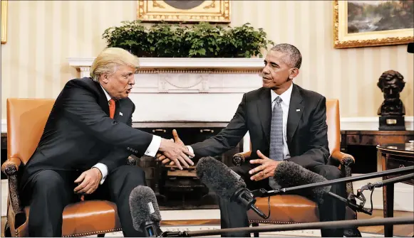  ?? PABLO MARTINEZ MONSIVAIS/AP 2016 ?? President Trump and his allies say he was denied a fair chance for a clean launch, but history indicates otherwise. Above, Trump and President Barack Obama in the Oval Office.