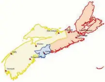  ?? HUMAN RESOURCES AND SKILLS DEVELOPMEN­T CANADA ?? The EI Economic Zones in Nova Scotia. Yellow is Western Nova Scotia. Red is Eastern Nova Scotia. Blue is Halifax.