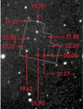  ??  ?? The HDF field imaged with a 4-inch refractor and CCD camera showing features down to at least mag. +22.25