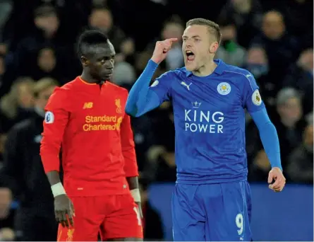  ??  ?? Leicester’s Jamie Vardy gestures after scoring in their English Premier League match against Liverpool at the King Power Stadium in Leicester on Monday. The hosts won 3-1. —