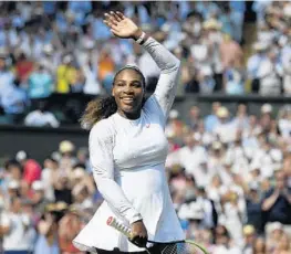  ?? NEIL HALL/AFP/GETTY IMAGES ?? Serena Williams celebrates after beating Germany's Julia Goerges 6-2, 6-4 Thursday in the Wimbledon semifinals. Williams faces Angelique Kerber on Saturday for the title.