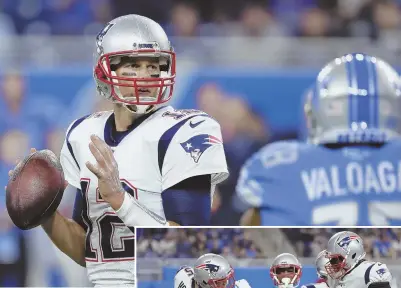  ?? Ap phoTos ?? BRIGHT SPOTS: Tom Brady looks to pass during last night’s game against the Lions in Detroit. Brady threw for a pair of touchdowns to Chris Hogan (right), who celebrated with teammates as the Pats built a big first-quarter lead and then came back for a...