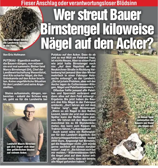  ??  ?? Drei Kilo Nägel fanden die Landwirte bereits in der Spur. Landwirt Macro Birnstenge­l (54) ärgert sich über den gefährlich­en Unsinn auf seinem Acker. In dieser Spur sammelten die Bauern per Hand
die Nägel auf.