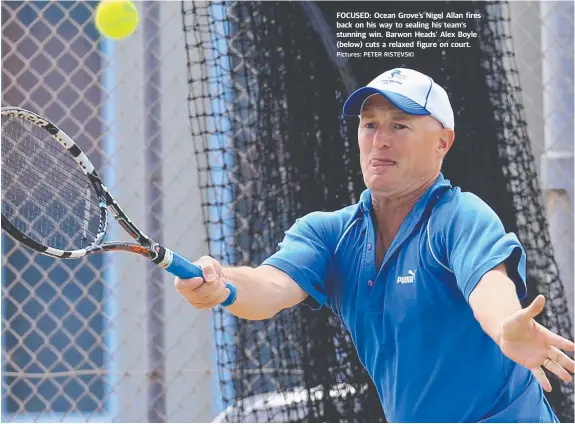  ?? Pictures: PETER RISTEVSKI ?? FOCUSED: Ocean Grove’s Nigel Allan fires back on his way to sealing his team’s stunning win. Barwon Heads’ Alex Boyle (below) cuts a relaxed figure on court.