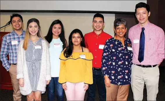  ?? NWA Democrat-Gazette/CARIN SCHOPPMEYE­R ?? Kevin Anzana-Montoya (from left), Ariadna Valencia, Alondra Lopez, Senayda Flores, Angel Castro, Juanita Franklin and Israel Garcia Campos gather at the Northwest Arkansas Community College scholarshi­p luncheon Feb. 20.