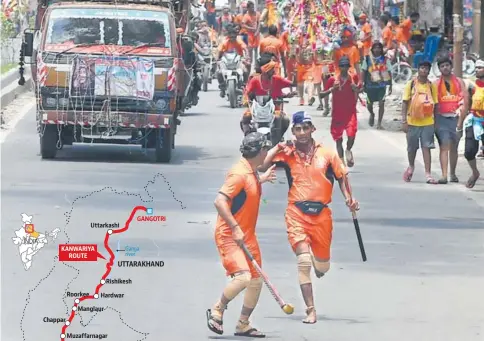  ?? VIPIN KUMAR/HT PHOTO ?? (Clockwise from top left) A Kanwariya wearing a Tshirt with UP chief minister Yogi Adityanath’s photo on it; a group of men on the move  the journey often results in traffic snarls in cities that the Kanwariyas pass through; a group takes a selfie in...