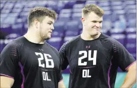 ?? Gregory Payan ?? The Associated Press Two of the top offensive lineman in the NFL draft are from Notre Dame: Mike Mcglinchey, left, and Quenton Nelson, at the scouting combine in March.