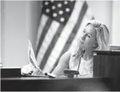  ?? JOHN BAZEMORE/AP ?? U.S. Rep. Marjorie Taylor Greene testifies during a hearing Friday in Atlanta, denying claims that she violated her oath of office by engaging in an insurrecti­on.